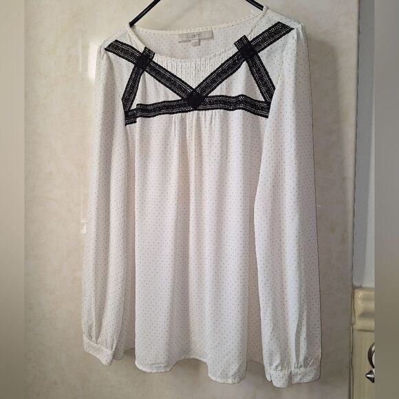 Tops - Loft Medium White Blouse Polka Dot Lace Detail